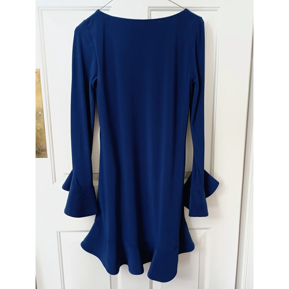 Laundry by Shelli Segal - Blue Fluted Long Bell Sleeve Mini Dress - Sz 0 - Picture 4 of 5